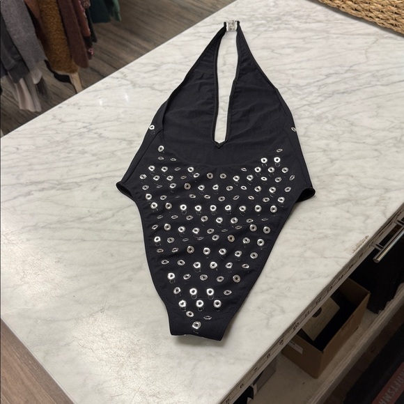 Alaia NWOT Black and Silver Eyelet Deep V One Piece Swimsuit Size 34 - Picture 10 of 12